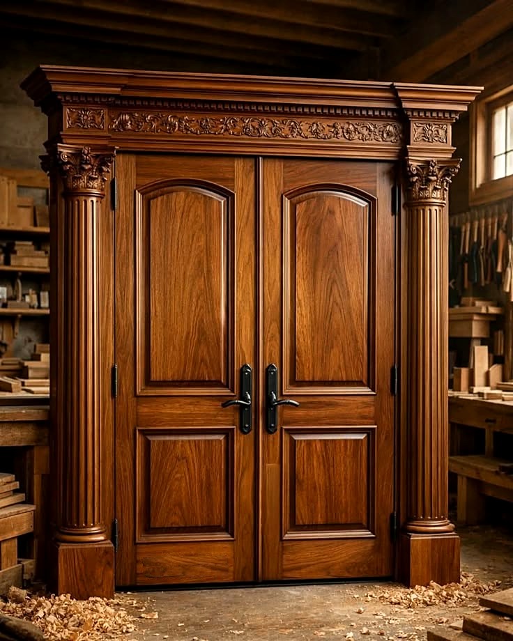 Елітні двопільні двері з колонами та капітелями з масиву — Swood